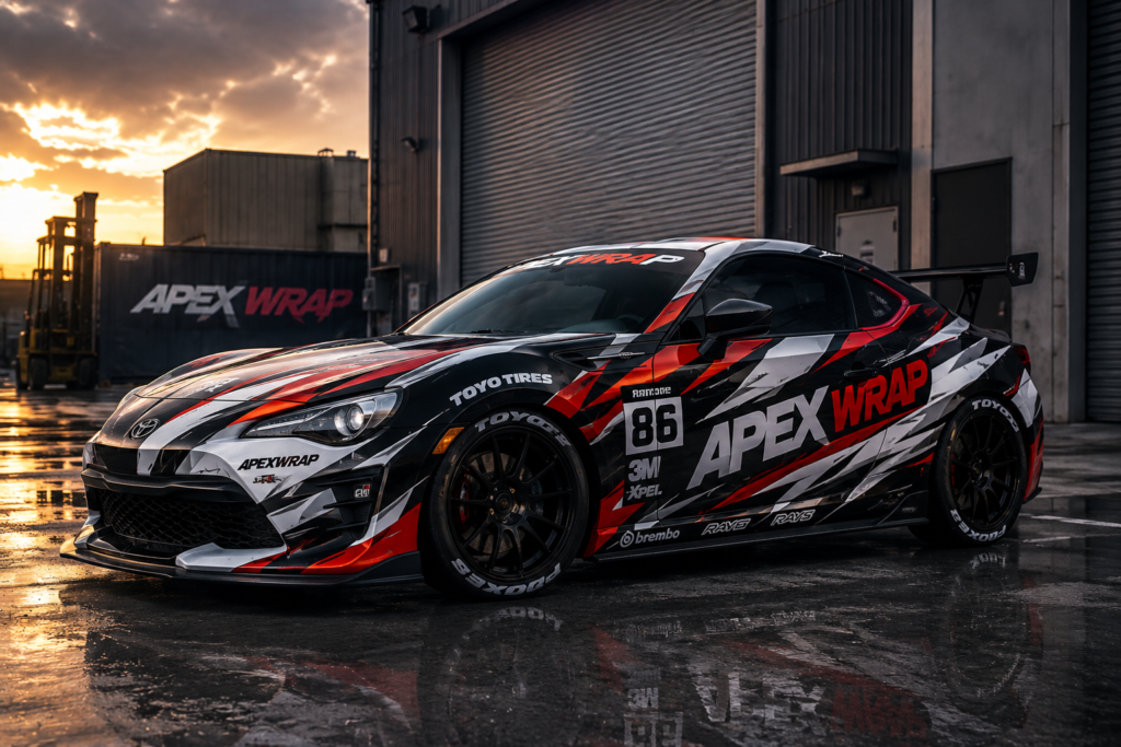 White sports car with black and red ApexWrap racing livery, sponsor decals, wide body kit, and rear wing on a clean white background.