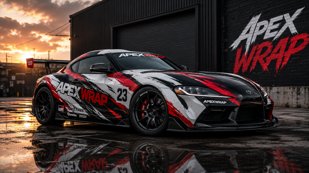 White sports car with black and red ApexWrap racing livery, sponsor decals, wide body kit, and rear wing on a clean white background.