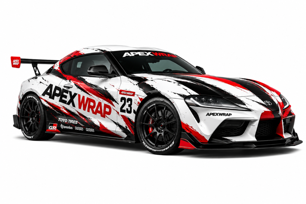 Custom black, red, and white ApexWrap racing vinyl wrap kit on a Toyota Supra-style sports car with a clean white studio background.