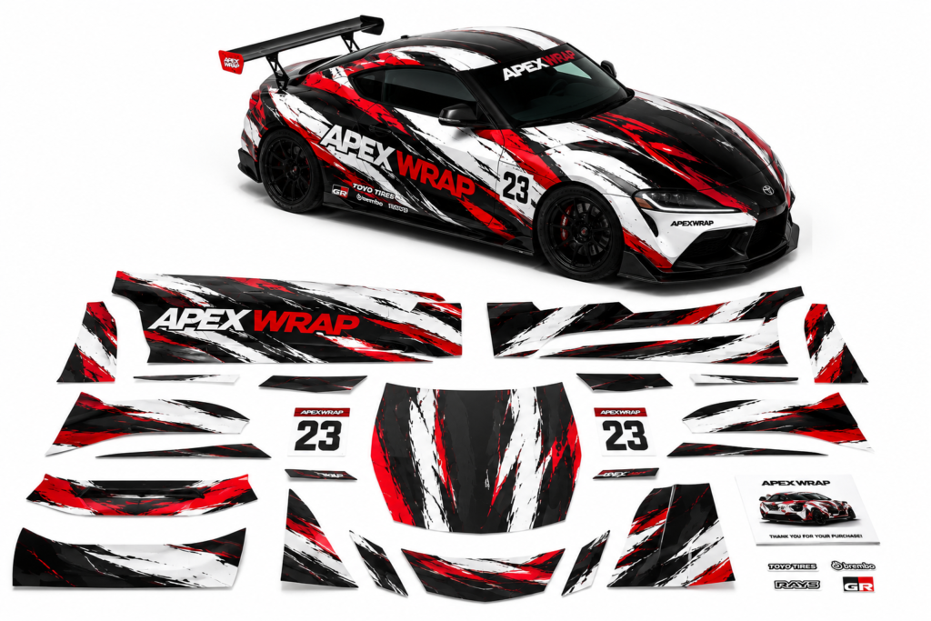 Toyota Supra-style race car with ApexWrap graphics and full vinyl decal kit layout on a clean white background