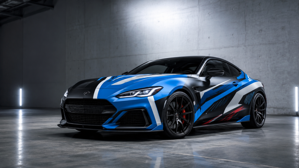 Blue, black, and white custom vinyl wrap kit on a modern sports coupe inside an industrial showroom with polished concrete floor and dramatic lighting.