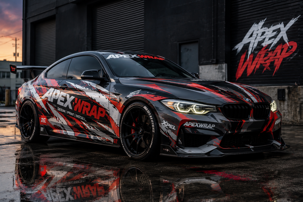 Custom black, red, and white BMW car wrap kit with ApexWrap branding, parked on wet pavement in front of an industrial garage at sunset.