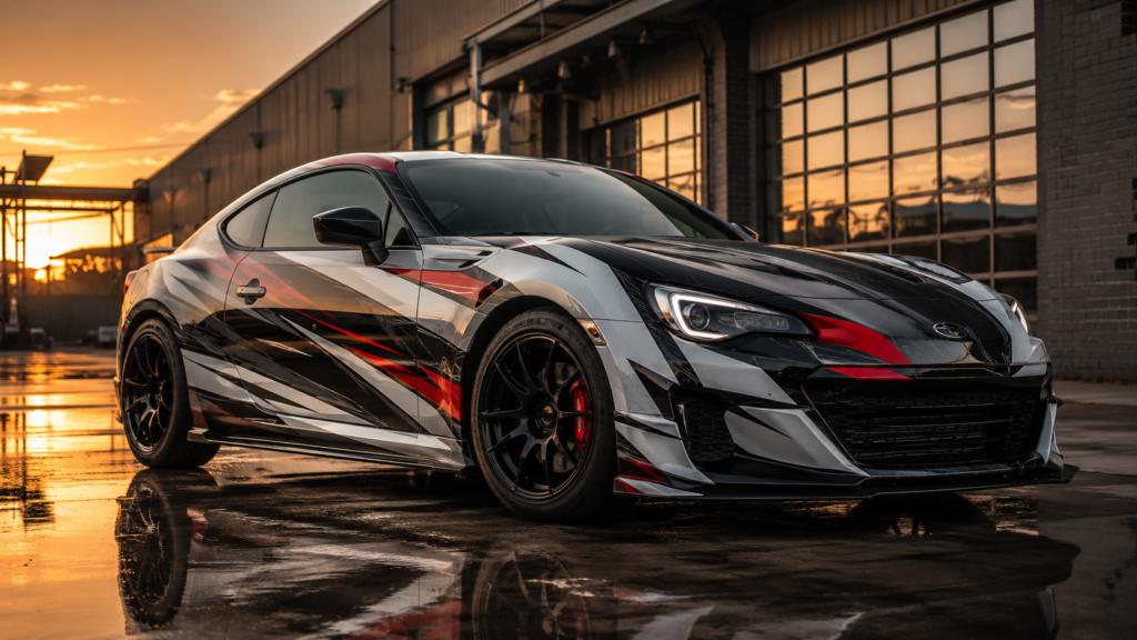 Custom black, white, and red vinyl wrap kit on a sports coupe parked on wet pavement near an industrial garage at sunset.